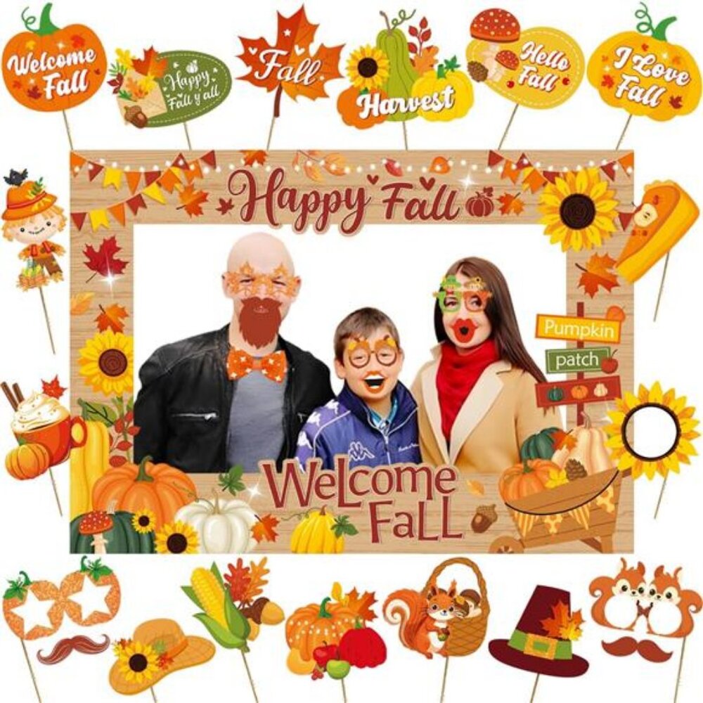Fall Photo Booth Frame and Props with Wooden Stick Pumpkin Maple Leaf